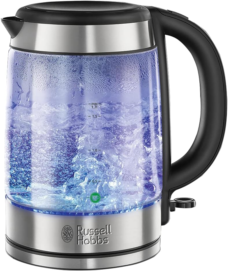 Russell Hobbs Illuminating 1.7L Electric Cordless Glass Kettle with black/brushed stainless steel accents (Fast Boil 3KW, Washable anti-scale filter, Button to open lid, Perfect pour spout) 21600-10