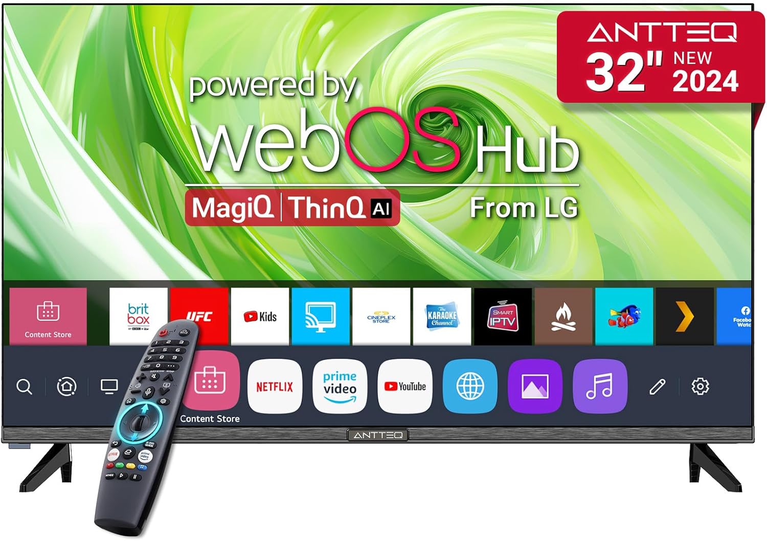 Antteq 32 Inch TV Smart WebOS TV MagiQ 32" with ThinQ AI, Voice Magic Remote, Airplay, Apple TV+, Netflix, Freeview, YouTube, WIFI, 2024 Black Televisions