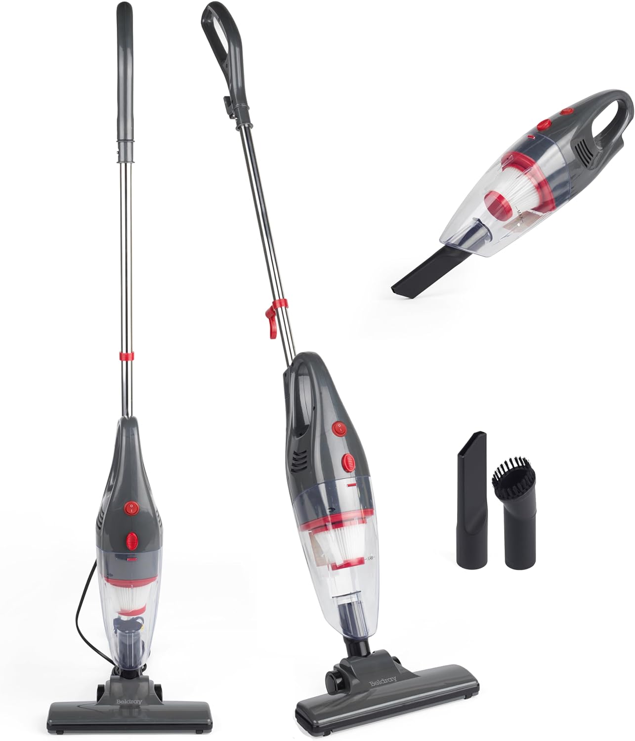 Beldray BEL0770N-GRY 2-in-1 Upright Stick Vacuum Cleaner – Corded Handheld Vac for Pet Hair, Lightweight Car Vacuum, Stairs/Upholstery, Bagless 1L Dust Tank, HEPA Filter, Crevice & Brush Tools, 600W