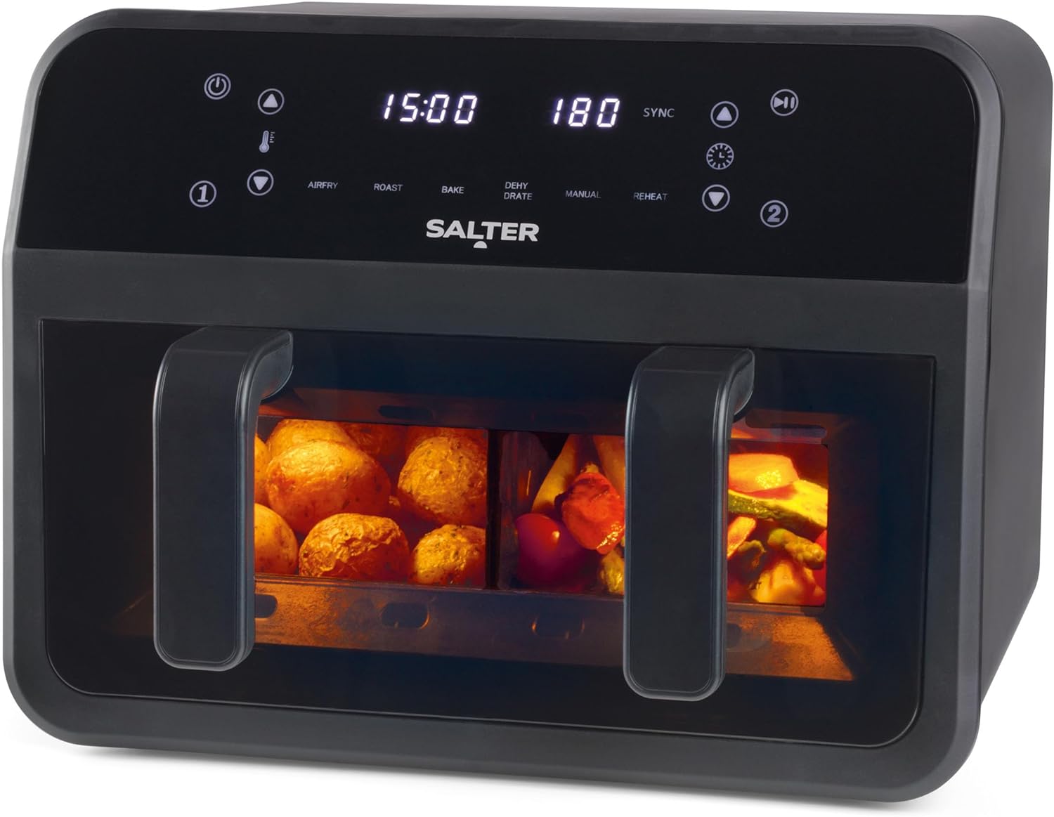 Salter EK5872 Dual View Air Fryer – 7 L Non-Stick Cooking Tray With Removable Divider, Large Family Size Capacity, Viewing Window, Digital LED Touch Display, 6 Functions, Hot Air Circulation, 2300 W