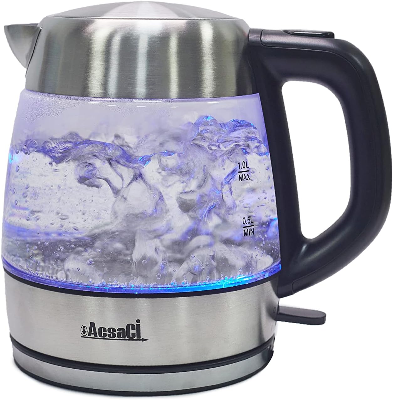 AddAcsaCi Premium Glass Kettle - 1.0 Litre Kettle Fast Boil Kettle 3000W – Illuminating Glass Kettle with LED Lighting Blue – Stainless Steel 1.0 Litre