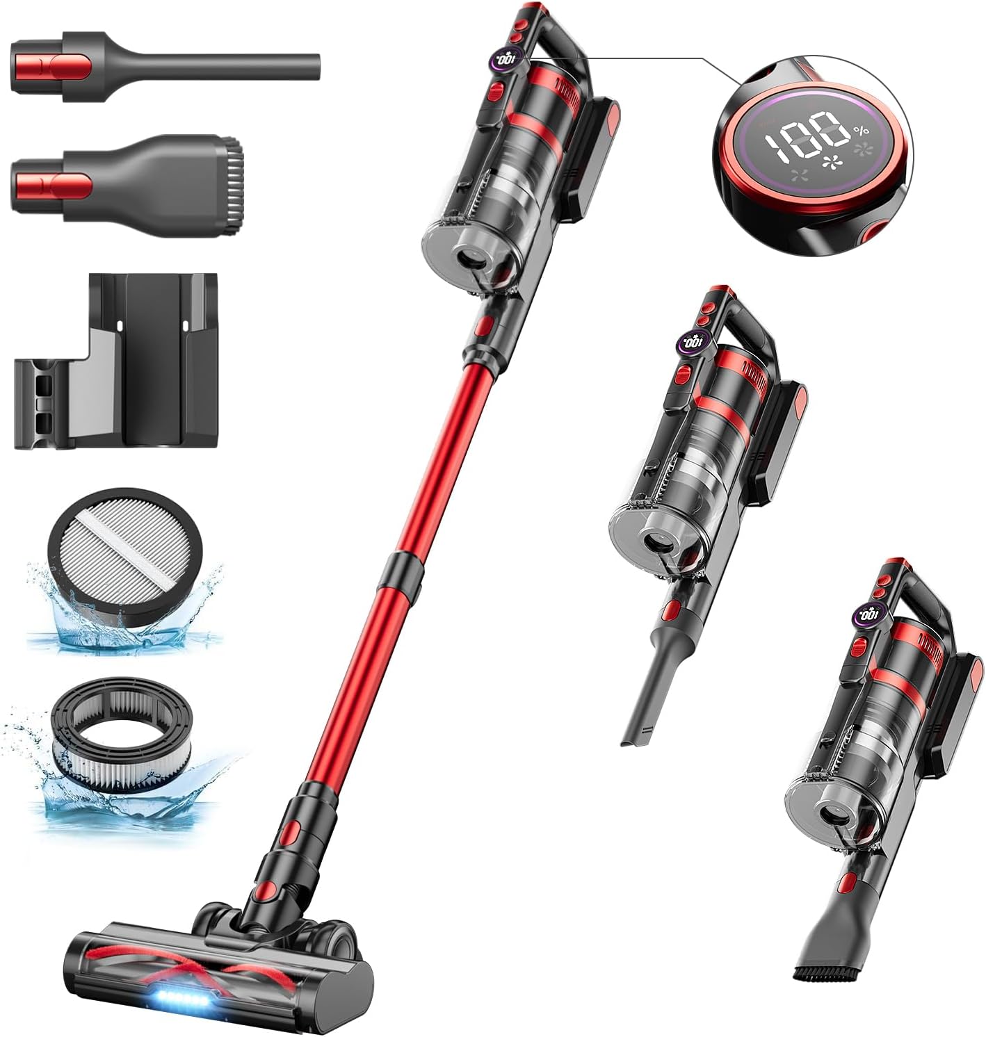 40000Pa/500W/60min Cordless Vacuum Cleaner, Cordless Vacuum with LED Display, 7-Level Cyclone Filtration, Anti-Tangle Roller Brush, 1.5L, 7-in-1 Vacuum Cleaner for Hard Floors/Carpets/Pet Hair